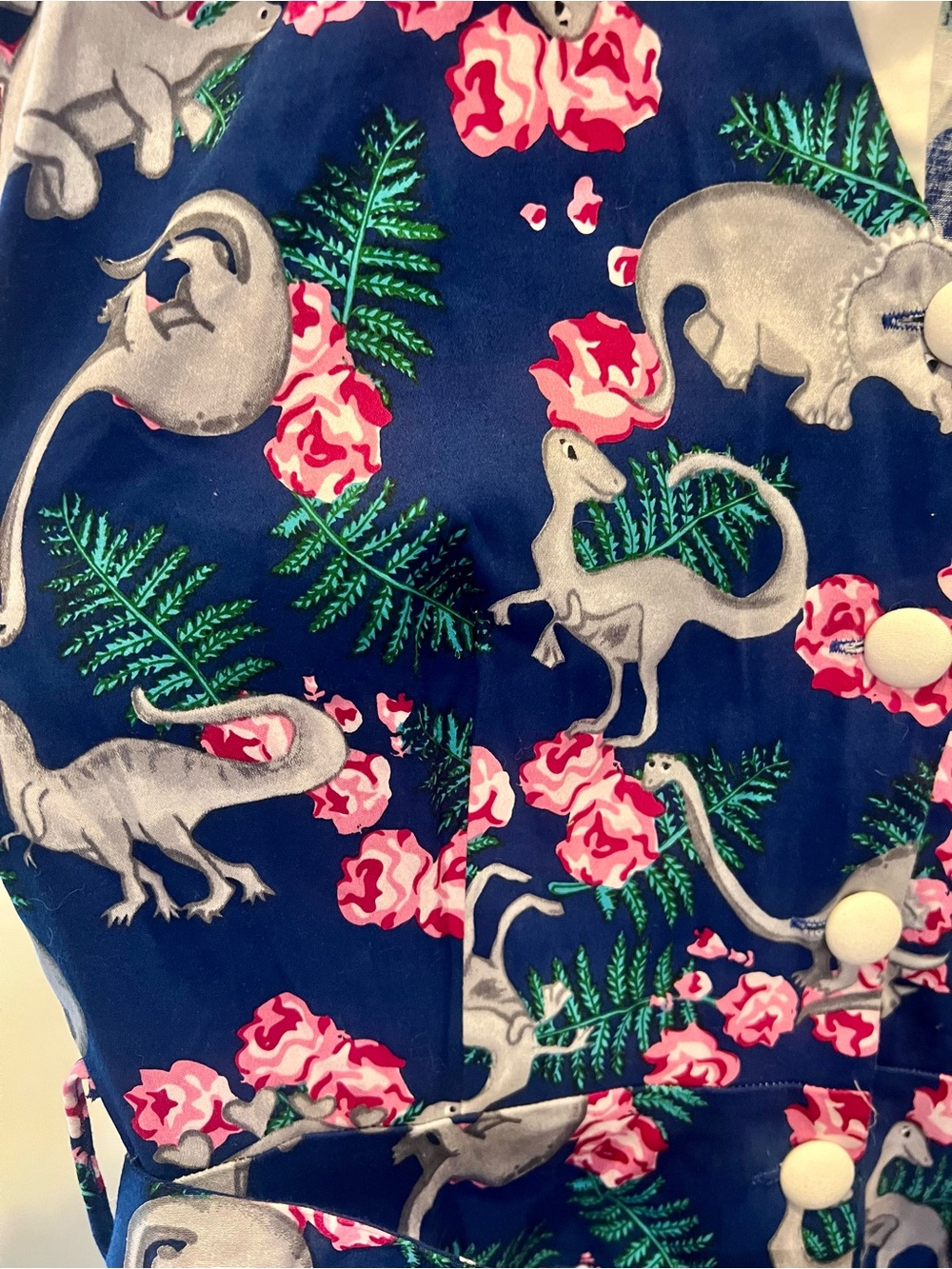 Unique Vintage Navy Dress with Gray Dinosaur & Pink Floral Print - Picture 3 of 3